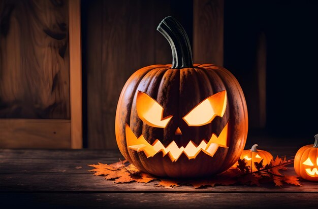 Foto halloween pompoen kop jack lantaarn op een houten achtergrond