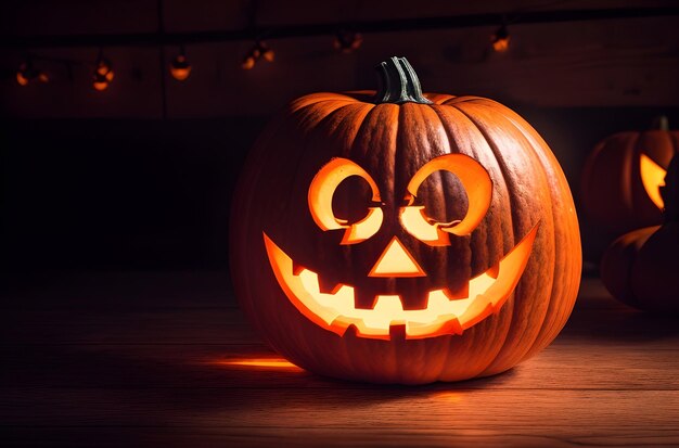 Foto halloween pompoen kop jack lantaarn op een houten achtergrond