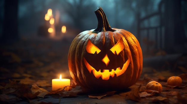 Halloween pompoen kop jack lantaarn op houten achtergrond Verlicht kaarslicht Generatieve AI