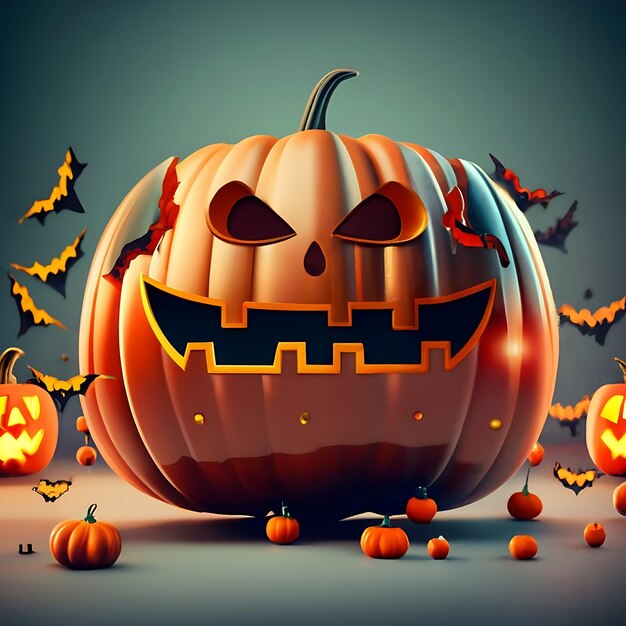 Halloween-pompoen met eng gezicht 3d render Halloween-achtergrond