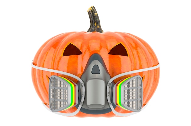 Foto halloween-pompoen met gasmasker 3d-rendering geïsoleerd op een witte achtergrond
