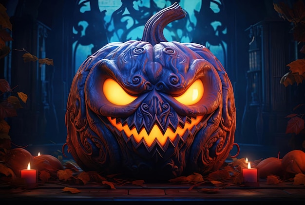halloween pompoen met gloeiende ogen naar buiten gericht in de stijl van levendige toneel achtergronden