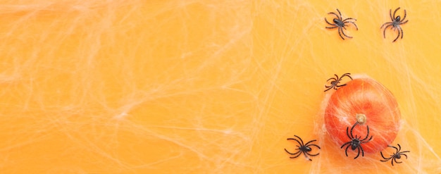 Halloween-pompoen met spinnenweb en zwarte spinnen op oranje achtergrond
