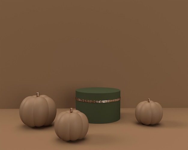 Halloween-pompoen op een bruine achtergrond met podium geeft terug. 3D render scene voor productpresentatie