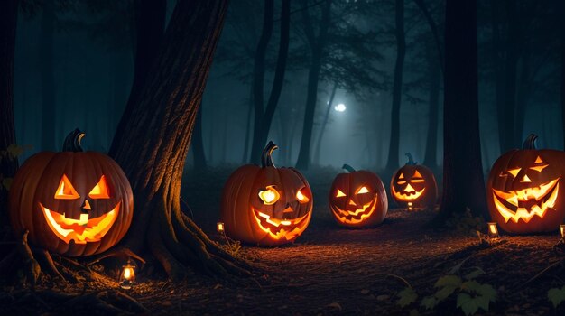 Halloween-pompoen op een donkere bosachtergrond