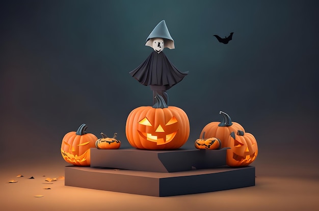 halloween pompoen spook op een podium papier kunst stijl ai gegenereerde achtergrond