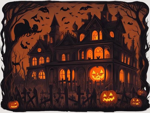 Halloween pompoen spookachtig huis op de begraafplaats
