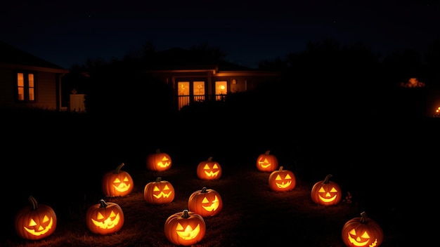 Halloween pompoenen bij het huis gezellige tuin nacht