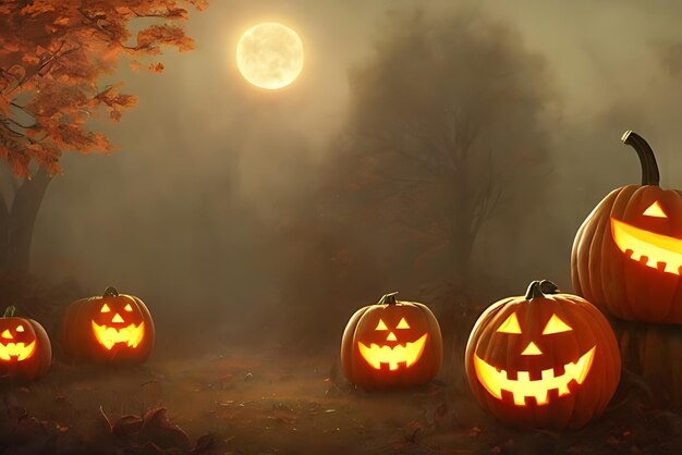Halloween-pompoenen bij volle maannacht AI gegenereerd