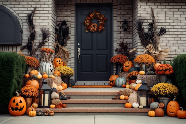 Halloween-pompoenen en decoraties buiten een huis AI gegenereerd