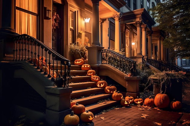 Halloween-pompoenen en decoraties buiten een huis AI gegenereerd