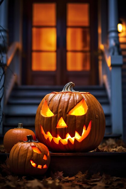 Halloween-pompoenen en decoraties buiten een huis AI gegenereerd