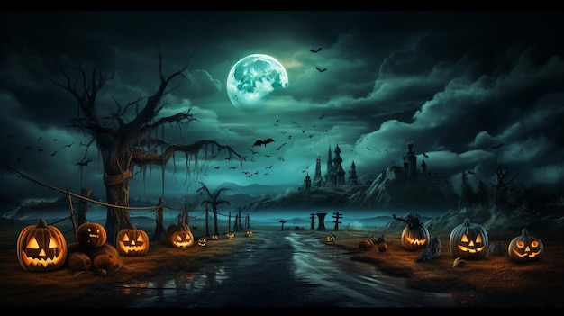 Halloween-pompoenen en donker kasteel op het kerkhof op blauwe maanachtergrond in de griezelige nacht Halloween-achtergrond