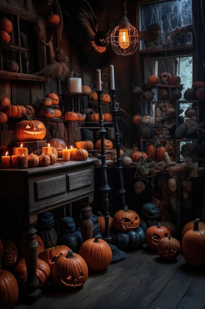 Halloween-pompoenen en griezelige decoraties in een slecht verlichte kamer gemaakt met generatieve AI