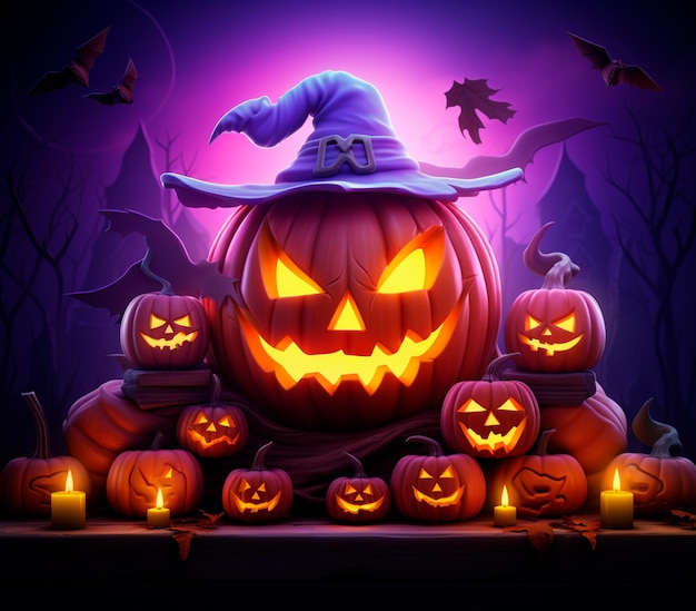 halloween pompoenen en heksenhoed op een paarse achtergrond