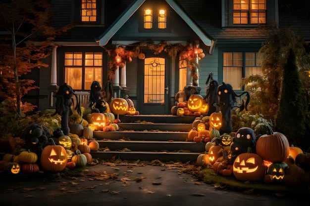 Halloween-pompoenen en versieringen buiten een huis Nachtzicht van een huis met halloween-versiering