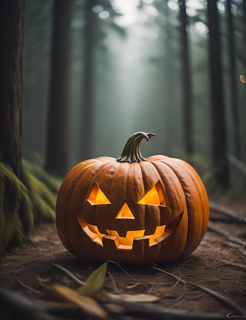 Halloween-pompoenen en vleermuis in het donkere bos bij nacht Halloween-scène