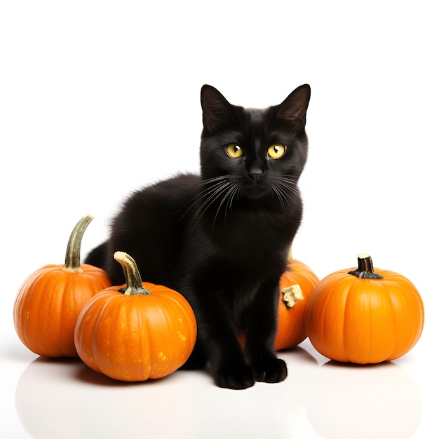 Halloween-pompoenen en zwarte kat op witte achtergrond