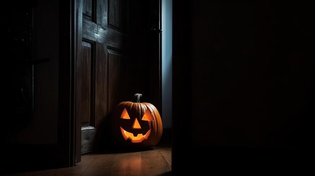 Halloween-pompoenen in een griezelig leeg huis donkere mysterieuze achtergrond AI gegenereerd