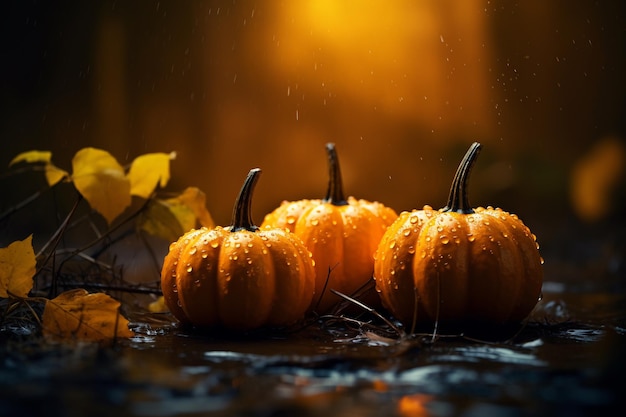 Halloween pompoenen in het bos's nachts met AI gegenereerd