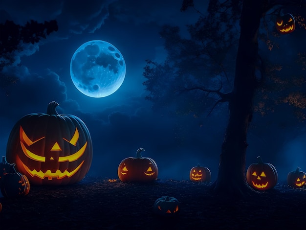 Halloween pompoenen in het spookachtige bos's nachts wazige achtergrond volle maan en vleermuizen generatieve ai