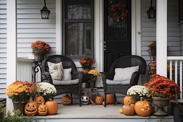Halloween pompoenen jack o 'lantaarn bloemen en stoelen op de veranda buiten huis decor
