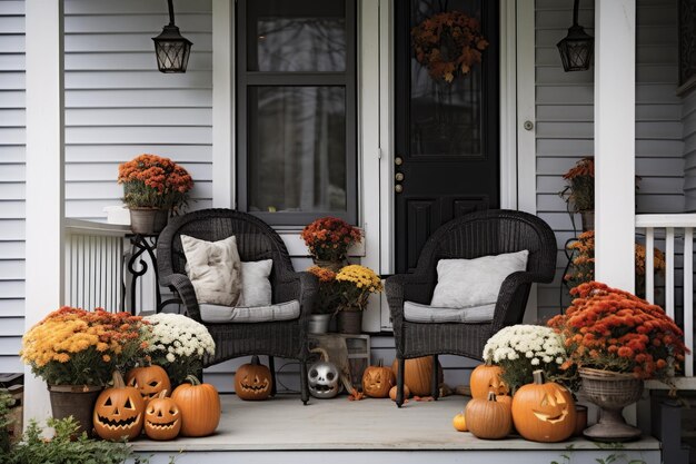 Halloween pompoenen jack o 'lantaarn bloemen en stoelen op de veranda buiten huis decor