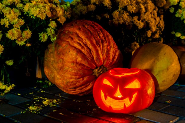 Halloween-pompoenen met binnen gesneden demonische gezichten en kaarsen. feestelijke mooie pompoenen. Nacht foto.