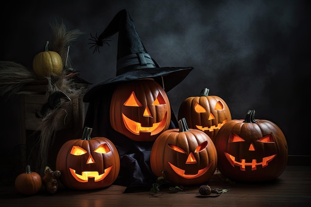 Halloween-pompoenen met een heksenhoed en een heksenhoed