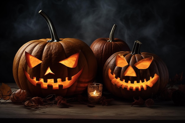 Halloween pompoenen met gebeeldhouwde gloeiende gezichten Generatieve AI