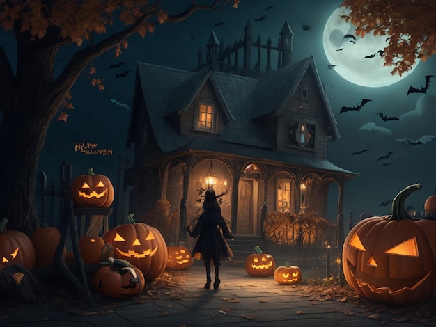 Halloween pompoenen met horror meisje en huis