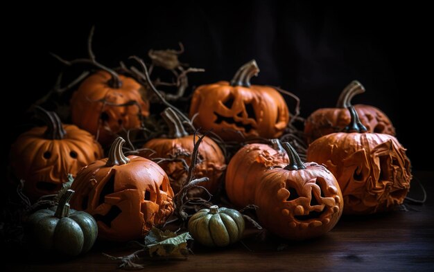 Halloween-pompoenen met uitgesneden ogen en mond AI Generatieve AI