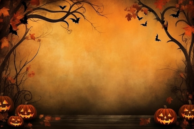 halloween pompoenen op de achtergrond van een muur met vleermuizen die om hen heen vliegen.