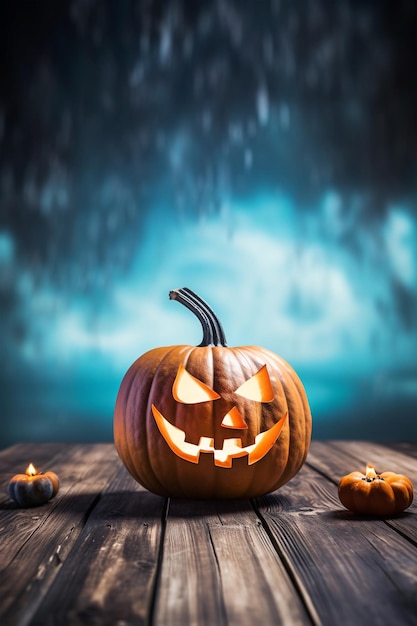 Halloween-pompoenen op een houten lijst bij nachtlandckape