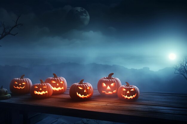Halloween pompoenen op een houten tafel bij nacht landschap