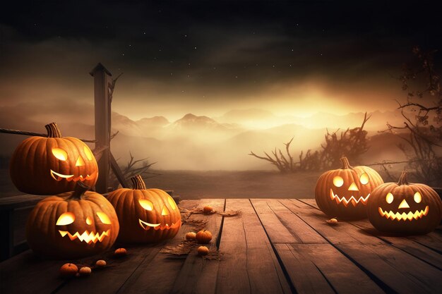 Halloween pompoenen op een houten tafel bij nacht landschap