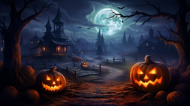 halloween-pompoenen op een kerkhof 's nachts met een volle maan erachter