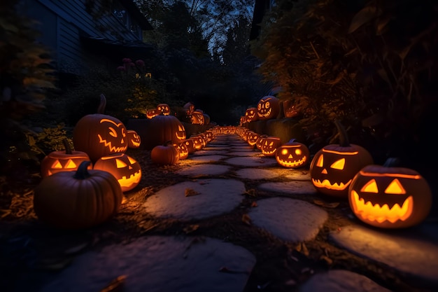 Halloween-pompoenen op een pad in een donkere tuin