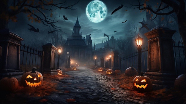 halloween-pompoenen op een straat met een volle maan op de achtergrond.