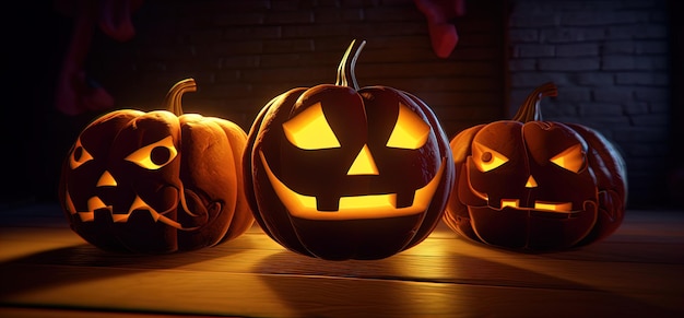 Halloween-pompoenen op een tafel met een verlichte achtergrond