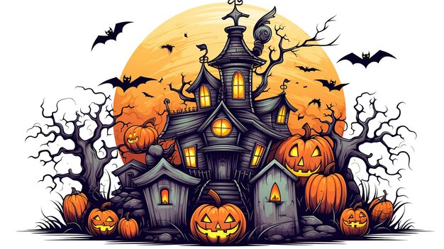 Halloween pompoenen op het kerkhof een griezelig bos's nachts heks spookachtig huis Ai gegenereerd