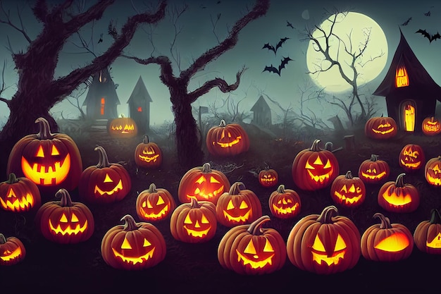 Halloween pompoenen op het kerkhof op de spookachtige Night Halloween achtergrondconcept