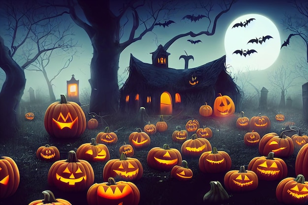 Halloween pompoenen op het kerkhof op de spookachtige Night Halloween achtergrondconcept