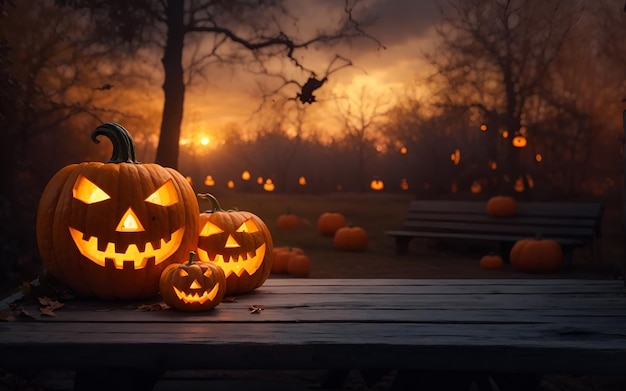 Halloween-pompoenen op houten tafel in mistig bos 's nachts