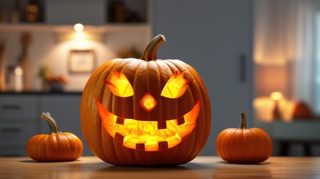 Halloween-pompoenen op houten tafel op huisachtergrond