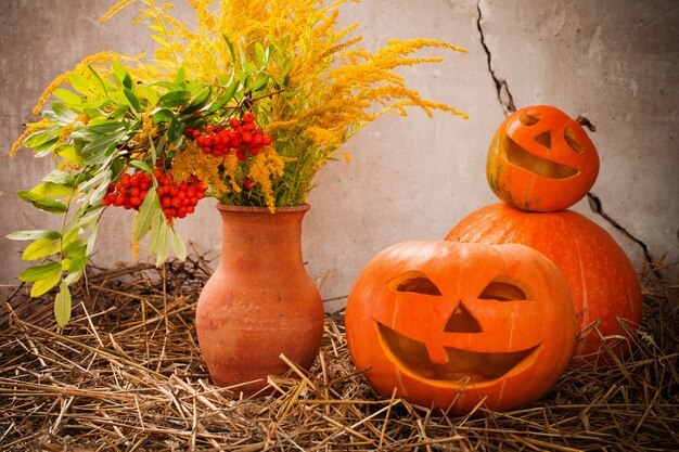 Halloween-pompoenen op oude muur als achtergrond