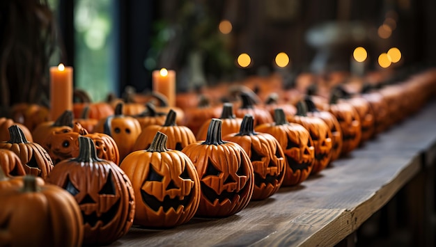 Halloween-pompoenen op rij met kaarsen op houten achtergrond