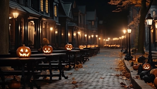 Foto halloween-pompoenen op straat 's nachts 3d renderen