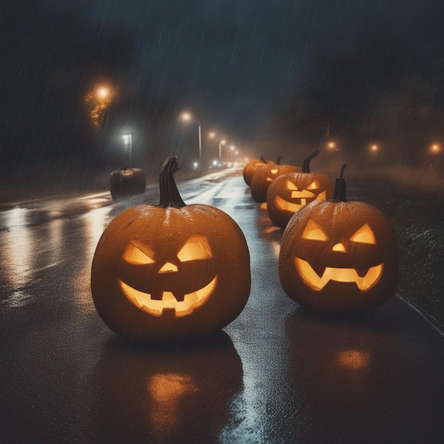 Halloween-pompoenen staan 's nachts op een regenachtige weg, ai gegenereerd