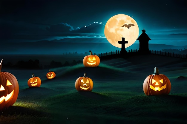 Halloween-pompoenen voor een kruis op een veld met een kruis op de achtergrond.